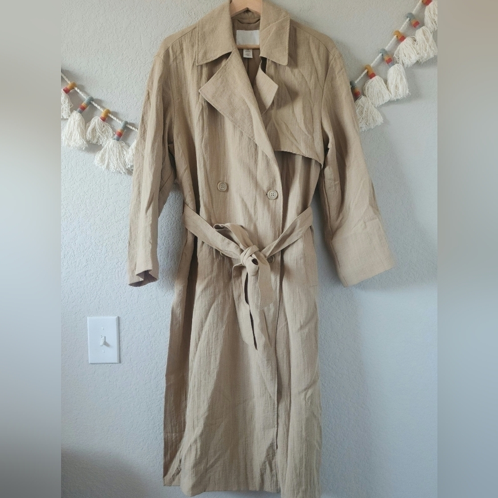 H&M Double Breasted Belted Trench Slit Gauze Coat Beige Longline Neutral Outdoor